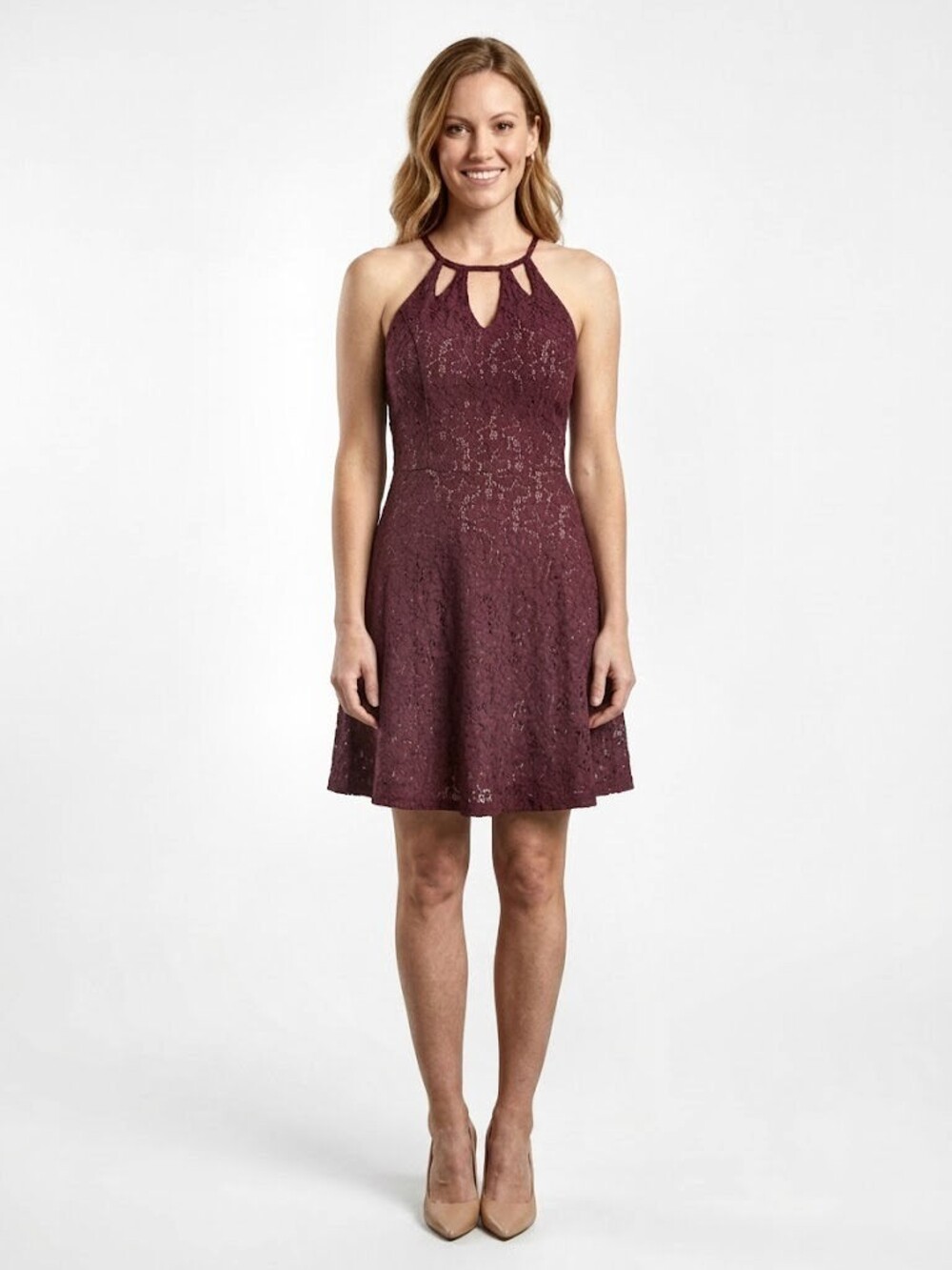 Love, Fire Lace Halter Skater Dress Keyhole Cutout, Burgundy, Womens Size Small
